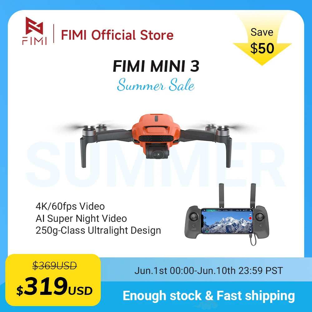 FIMI MINI 3 Foldable Drone – 4K 60fps, 3-axis gimbal, 245 g, 9 km, GPS