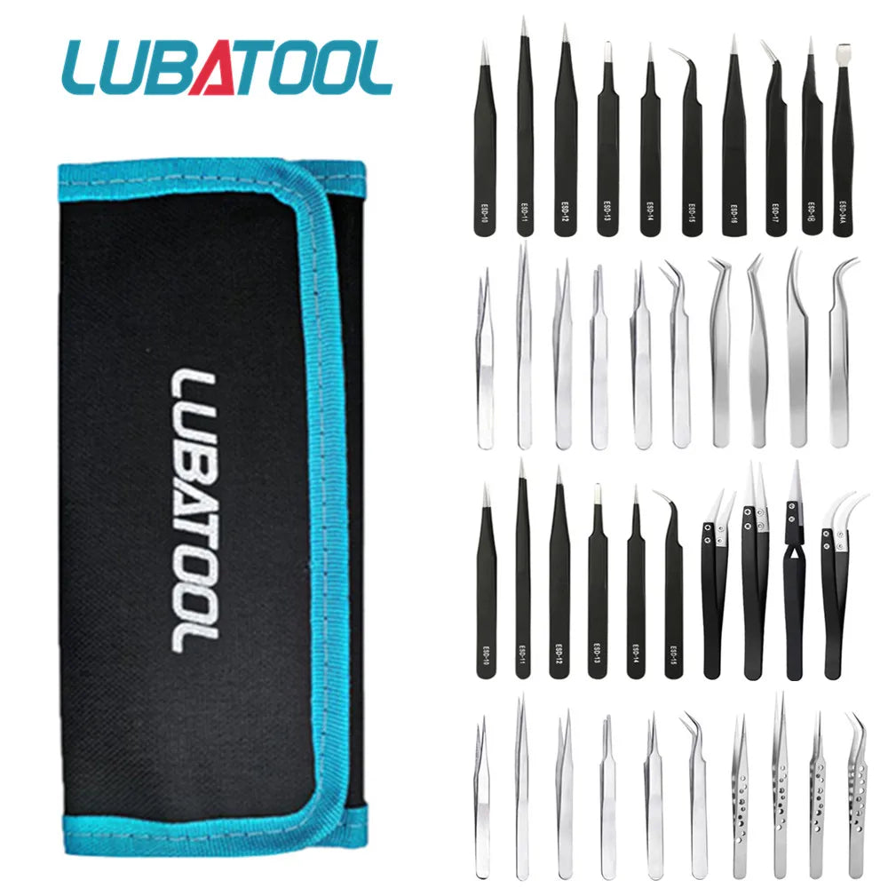 ESD Tweezer Set, 10 piece antistatic with pouch